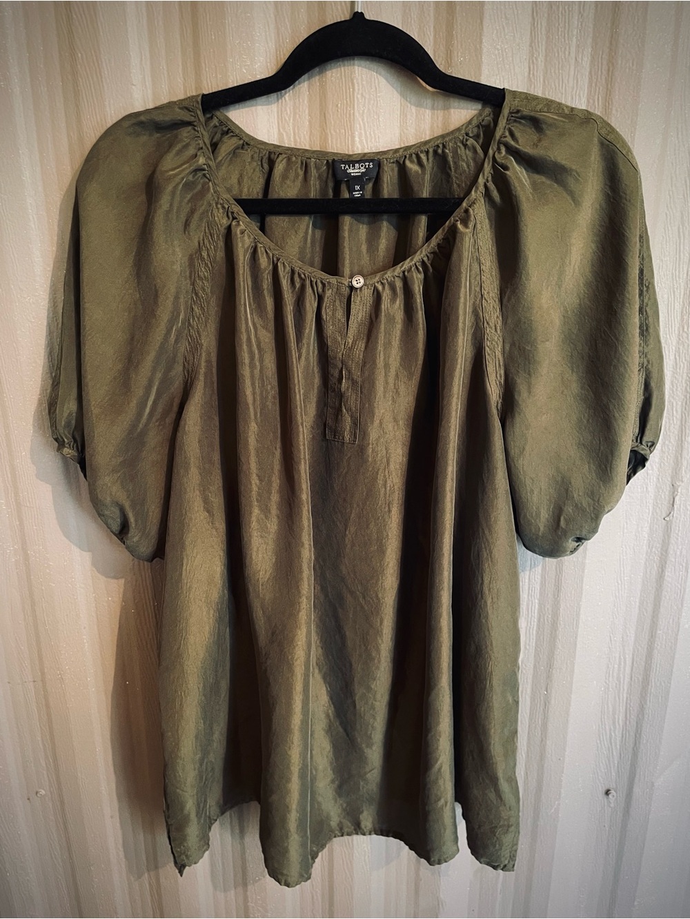 Talbot's Woman 100% Silk Top Billowy Puff Sleeve Army Green Blouse Boho sz 1X